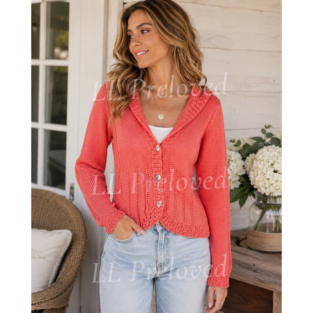 Katharine‎ Johansson Handknit Cotton Cardigan Sweater Coral Pink Hooded Size M